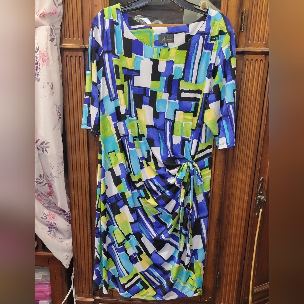 Kiara Colorful Abstract Print Dress XL Tie In Front
